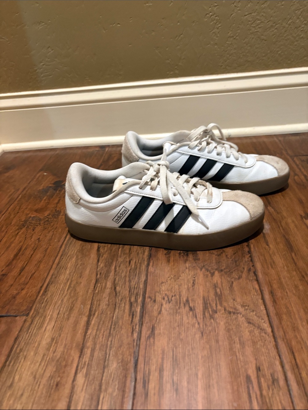 adidas White Sneakers with Black Stripes and Gum Sole